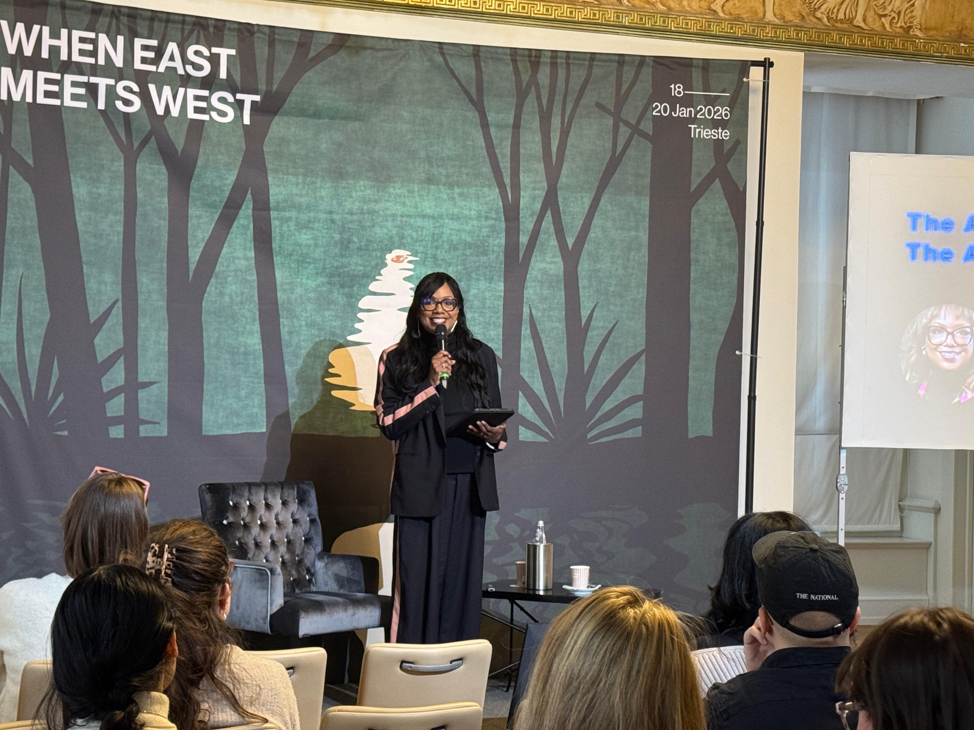 Wendy Calhoun speaking at When East Meets West Festival, Trieste — January 2026