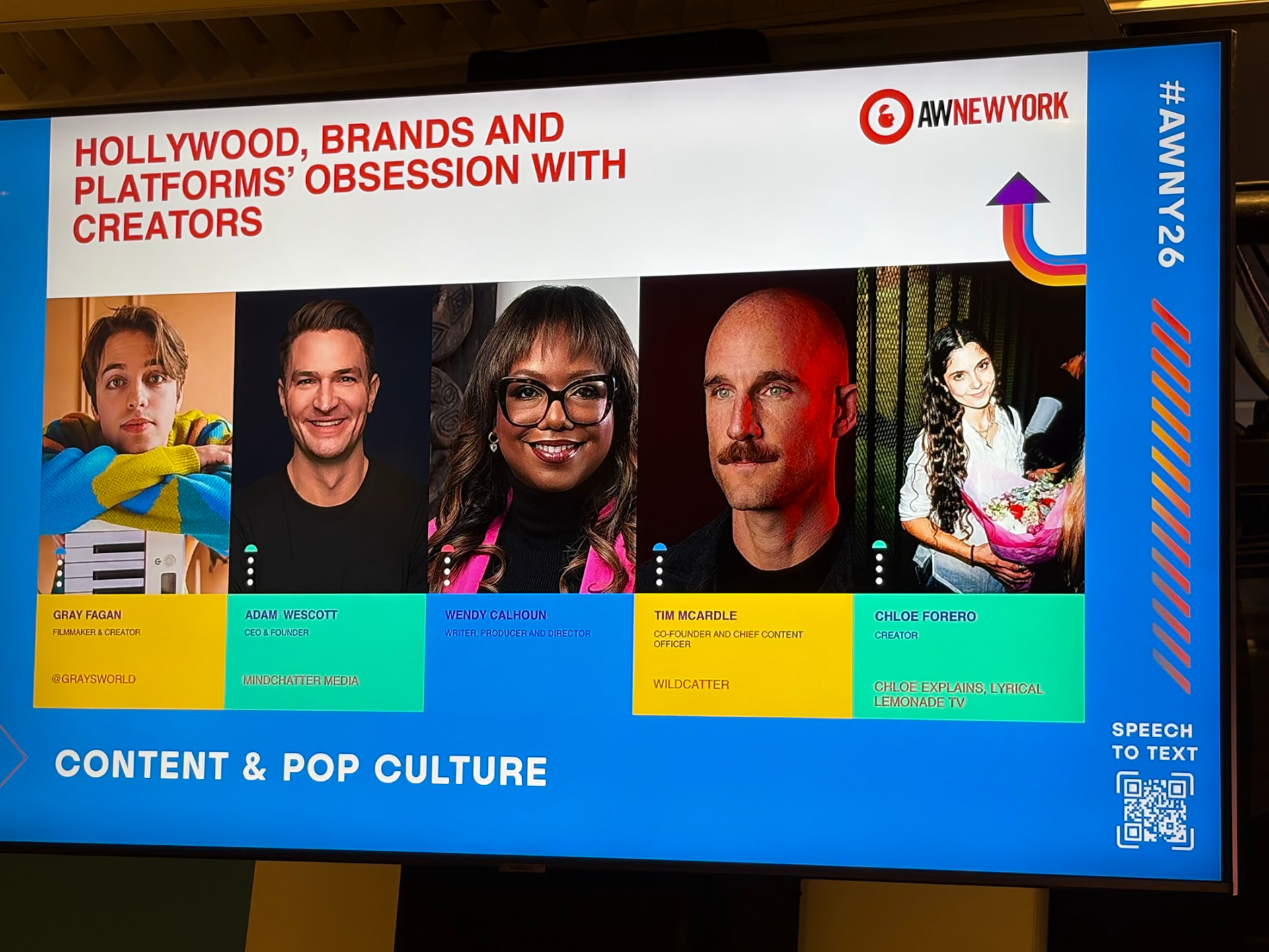 Wendy Calhoun with fellow panelists Tim McArdle, Chloe Forero, Gray Fagan, and Adam Wescott on the Advertising Week New York stage